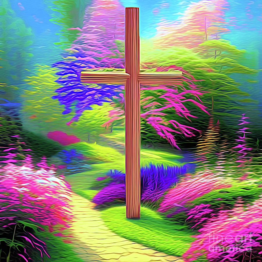 AI Art Christian Easter Resurrection Cross in a Garden 1 Abstract Expressionism Digital Art by Rose Santuci-Sofranko