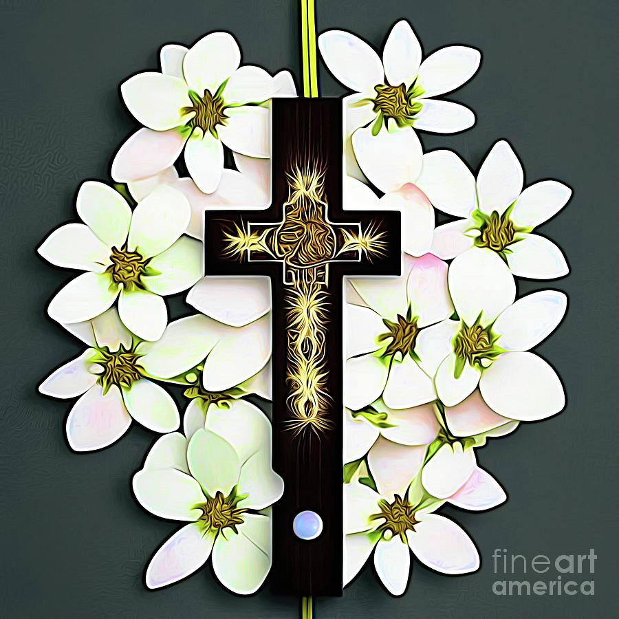 AI Art Christian Easter Resurrection Cross with Blossoms 1 Abstract Expressionism Digital Art by Rose Santuci-Sofranko