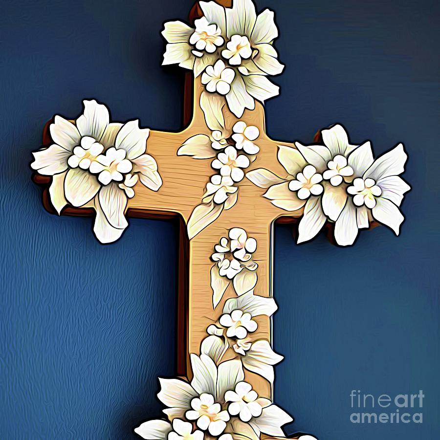 AI Art Christian Easter Resurrection Cross with Blossoms 3 Abstract Expressionism Digital Art by Rose Santuci-Sofranko
