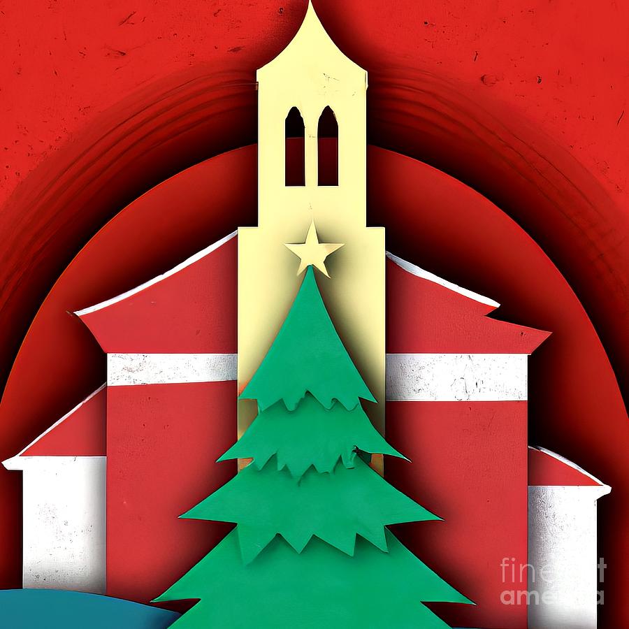 AI Art Christmas Tree Outside a Church Layered paper Style 2 Digital Art by Rose Santuci-Sofranko