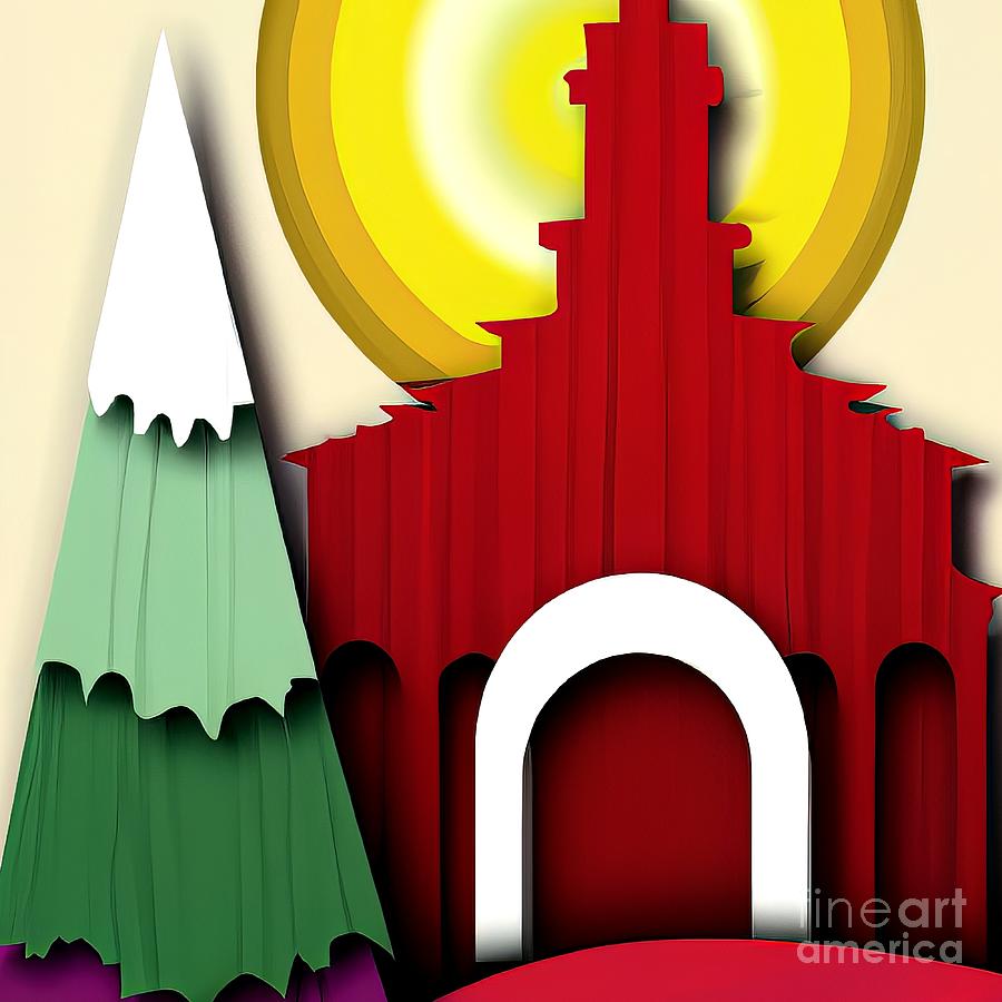 AI Art Christmas Tree Outside a Church Layered Paper Style 3 Digital Art by Rose Santuci-Sofranko