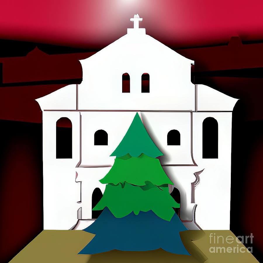 AI Art Christmas Tree Outside a Church Layered Paper Style 4 Digital Art by Rose Santuci-Sofranko