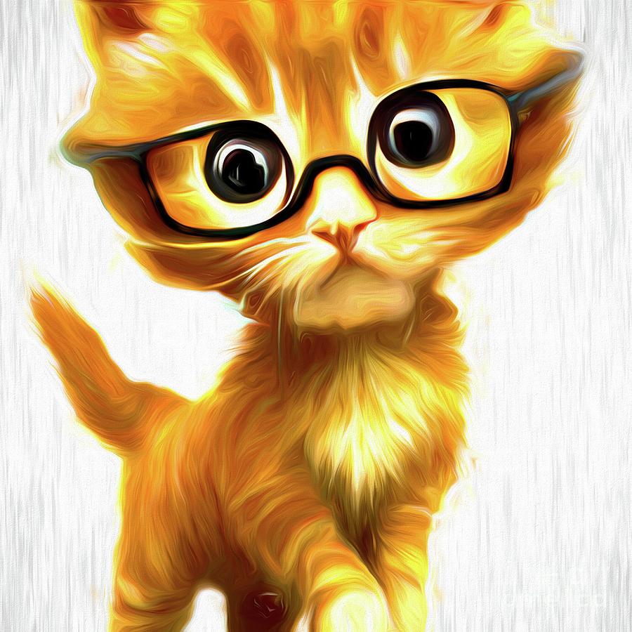 AI Art Cute Cartoon Cat Wearing Glasses Abstract Swirly Strokes Digital Art by Rose Santuci-Sofranko