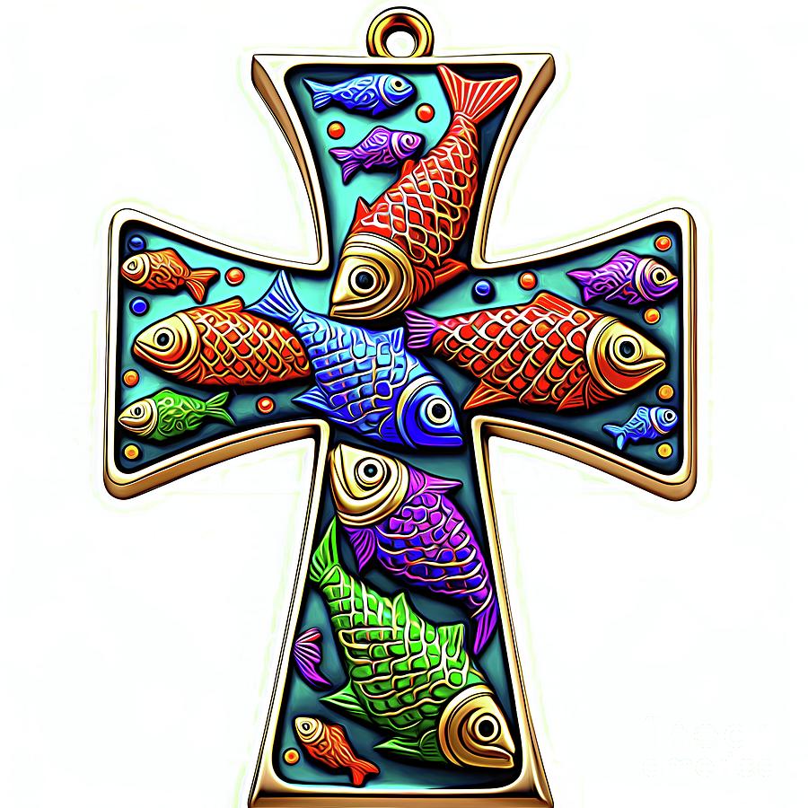 AI Art Enamel Look Multicolored Christian Fish Cross Digital Art by Rose Santuci-Sofranko