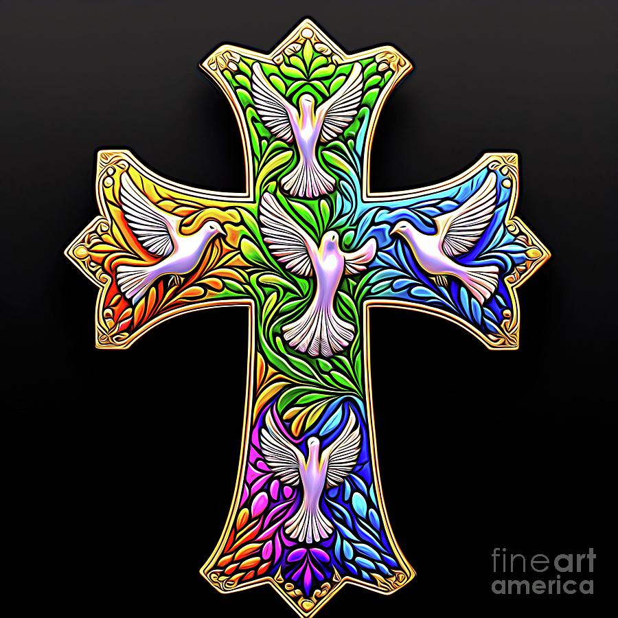 AI Art Enamel Look Multicolored Holy Spirit Cross Digital Art by Rose Santuci-Sofranko