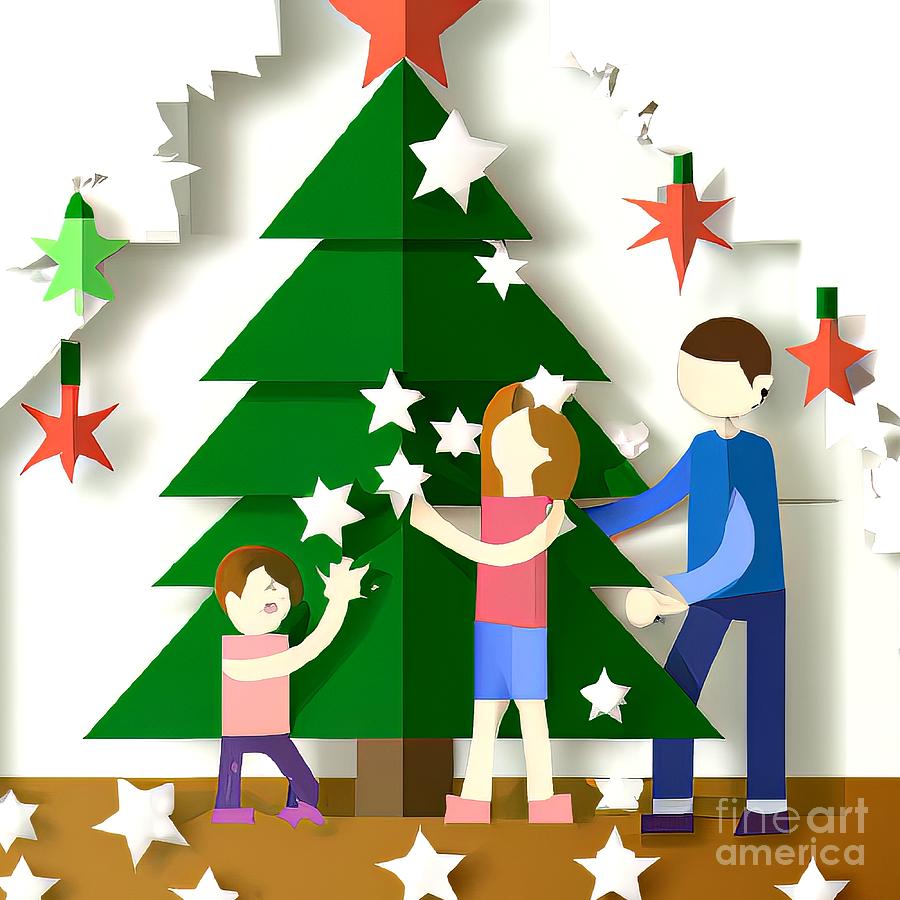 AI Art Family Decorating a Christmas Tree Layered Paper Style 1 Digital Art by Rose Santuci-Sofranko