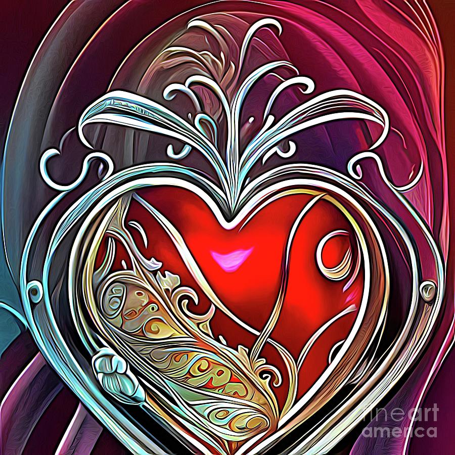 Holiday Digital Art - AI Art Filigree Love Heart Valentines Abstract Expressionism 9 by Rose Santuci-Sofranko