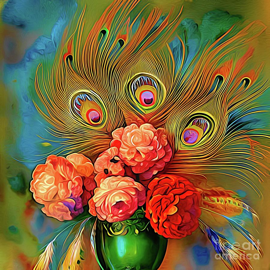 AI Art Flowers and Peacock Feathers in a Vase Abstract Expressionism Digital Art by Rose Santuci-Sofranko