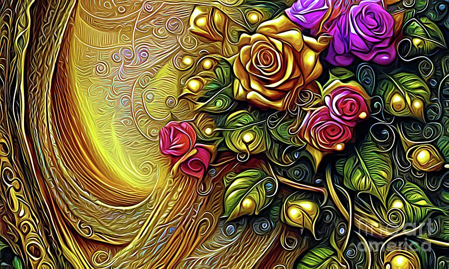 AI Art Gold and Multicolored Roses Bouquet Abstract Expressionism Digital Art by Rose Santuci-Sofranko