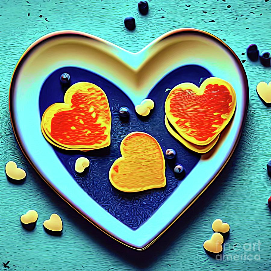 AI Art Heart Shaped Pancakes with Blueberries on a Heart Shaped Plate Abstract Expressionism Digital Art by Rose Santuci-Sofranko