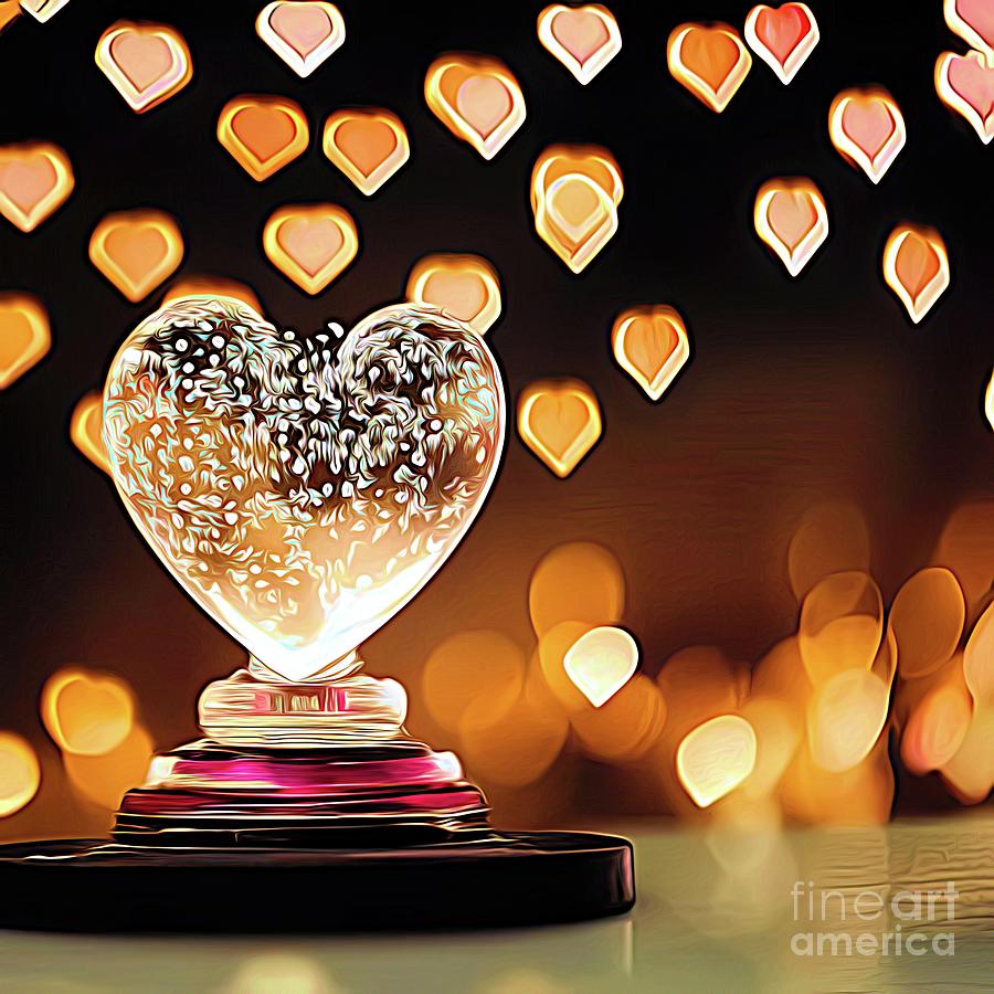 AI Art Heart Shaped Snowglobe and Golden Falling Hearts Abstract Expressionism Digital Art by Rose Santuci-Sofranko