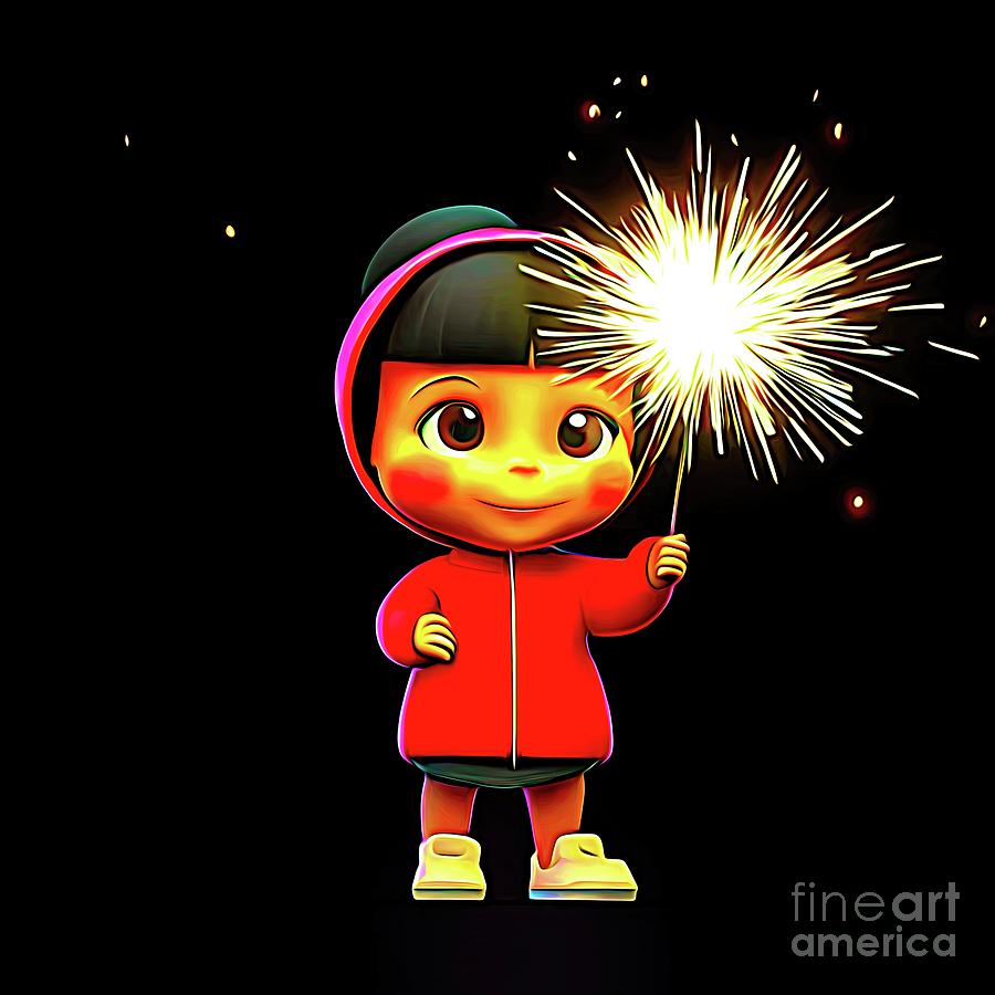 AI Art Little Asian Girl with a Sparkler Abstract Expressionism Digital Art by Rose Santuci-Sofranko