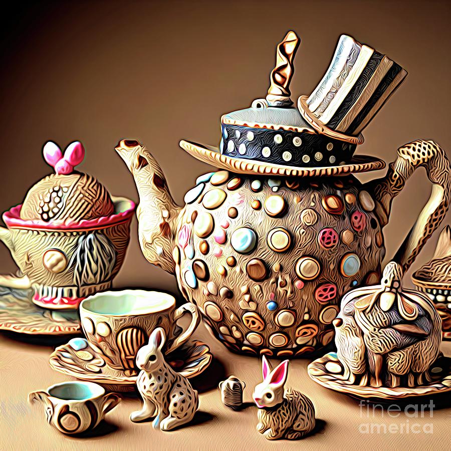 AI Art Mad Hatters Textured Tea Service Abstract Expressionism Digital Art by Rose Santuci-Sofranko