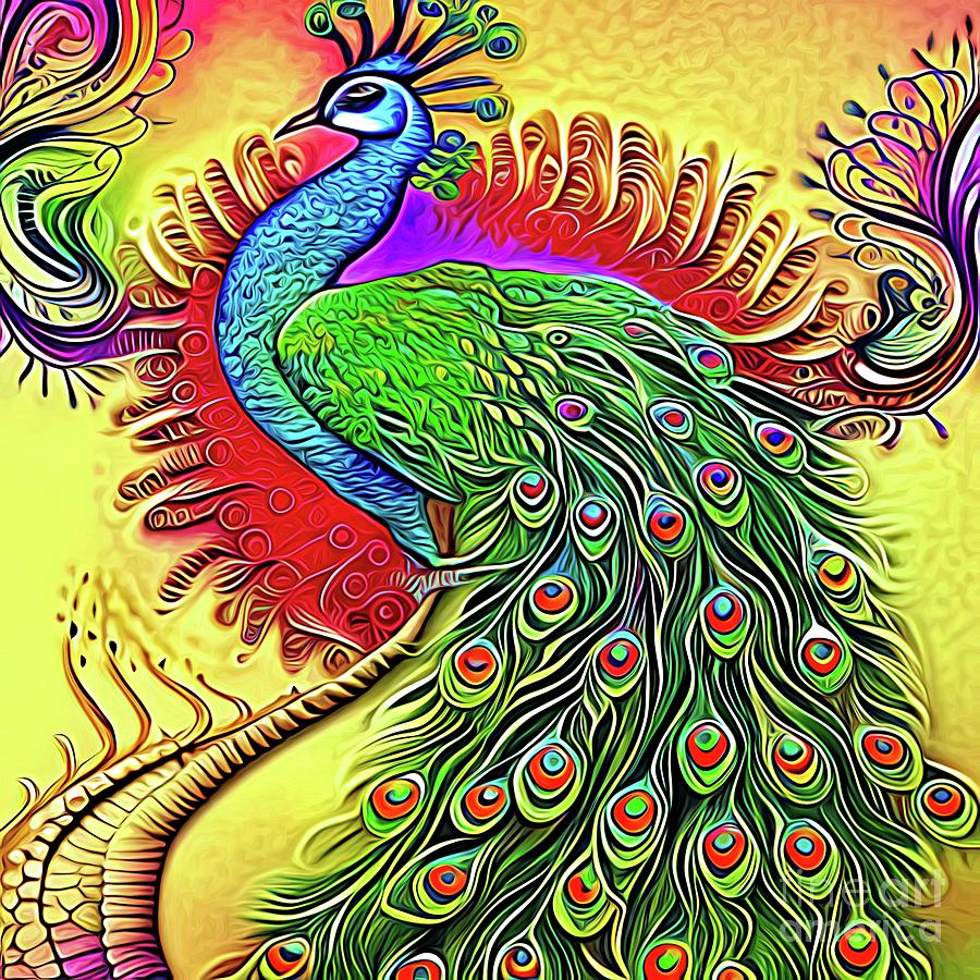 AI Art Multicolored Zentangle Peacock Abstract Expressionism Digital Art by Rose Santuci-Sofranko