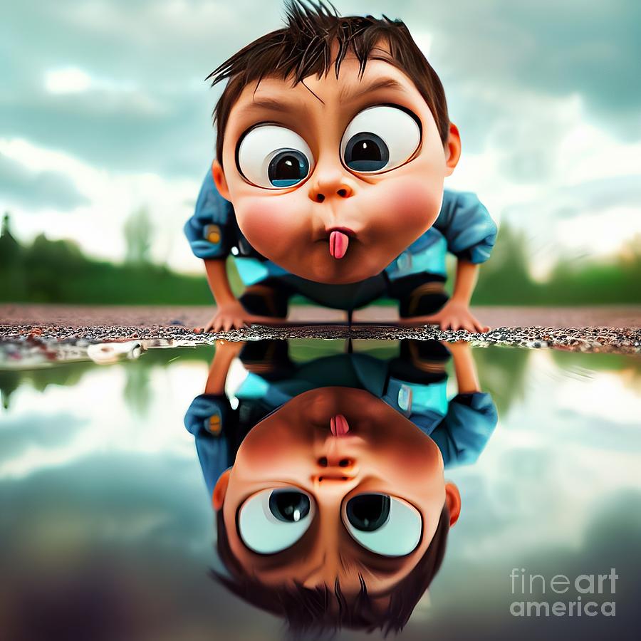 AI Art of a Child Making Silly Faces at His Reflection in a Puddle of Water Digital Art by Rose Santuci-Sofranko