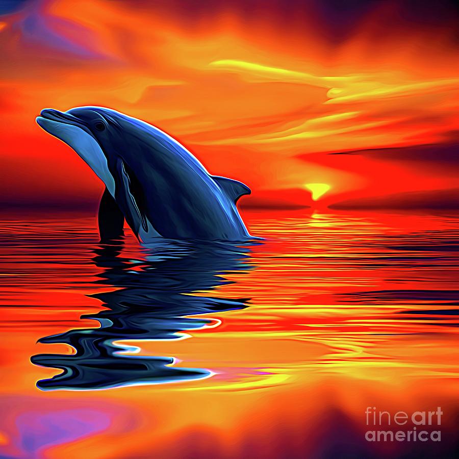 AI Art of Dolphin Reflections in the Ocean at Sunset Abstract Expressionism Digital Art by Rose Santuci-Sofranko