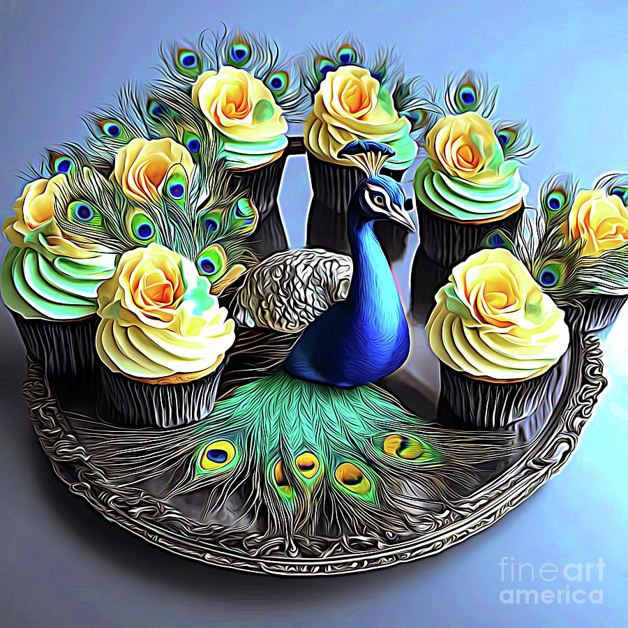 AI Art Peacock Themed Cupcakes on a Silver Tray Abstract Expressionism Digital Art by Rose Santuci-Sofranko