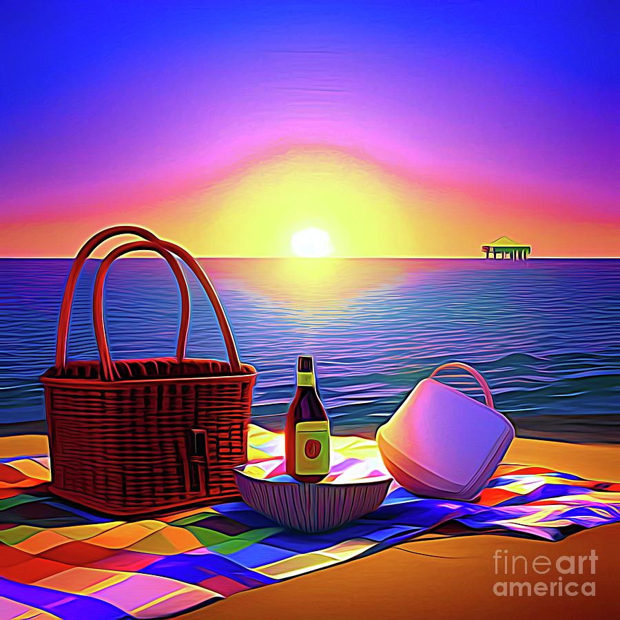 AI Art Picnic At The Beach at Sunset Abstract Expressionism Digital Art by Rose Santuci-Sofranko