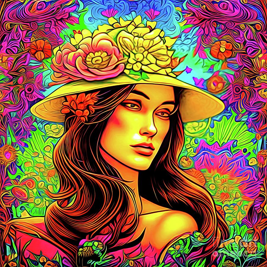 AI Art Pretty Lady in a Flower Garden Wearing a Flower Covered Hat Abstract Expressionism Digital Art by Rose Santuci-Sofranko