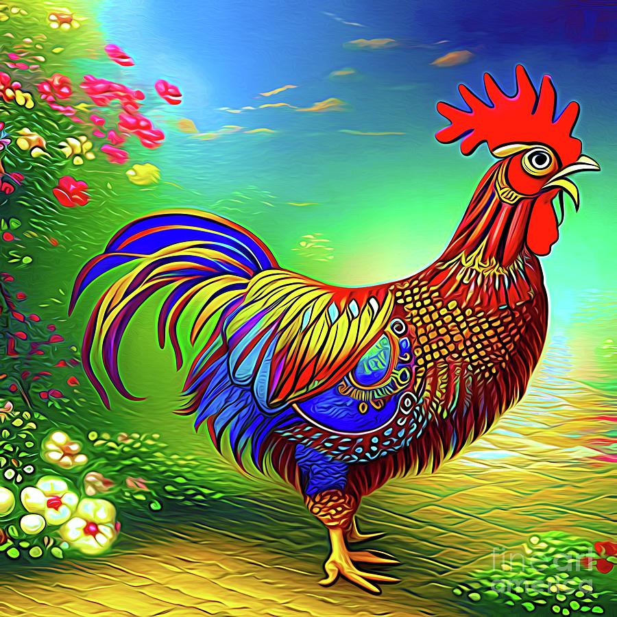 AI Art Rainbow Colored Rooster Abstract Expressionism  Digital Art by Rose Santuci-Sofranko