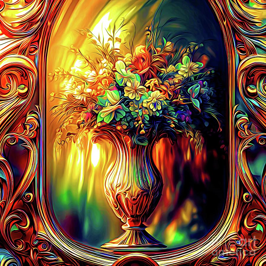 AI Art Reflection of Flowers and Vase in an Antique Mirror Abstract Expressionism Digital Art by Rose Santuci-Sofranko