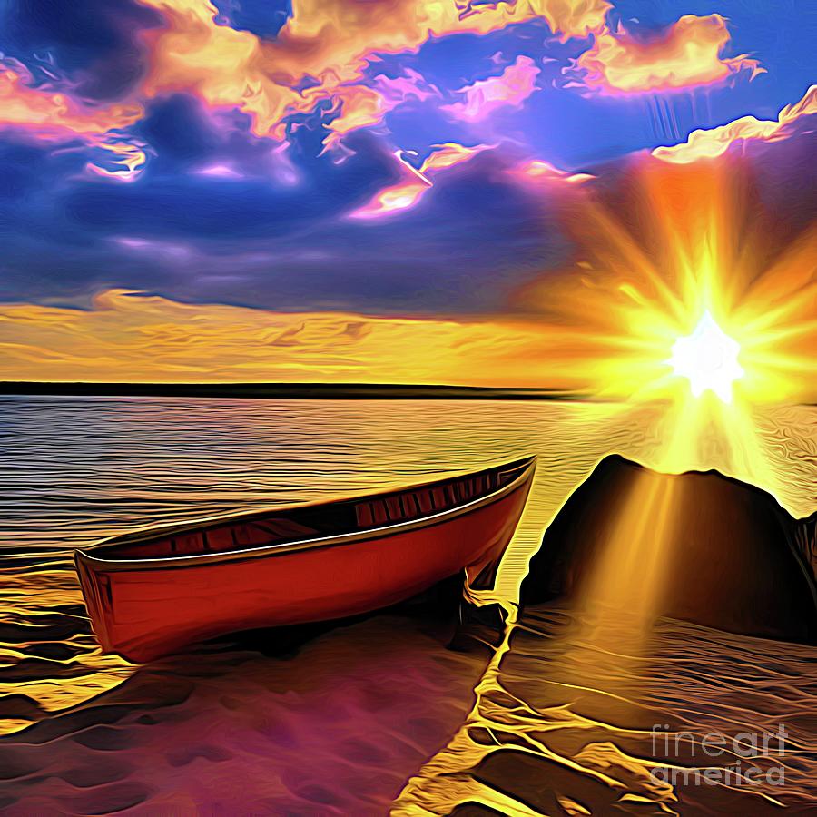 Ai Art Rowboat On A Lake Beach At Sunset Abstract Expressionism Digital Art