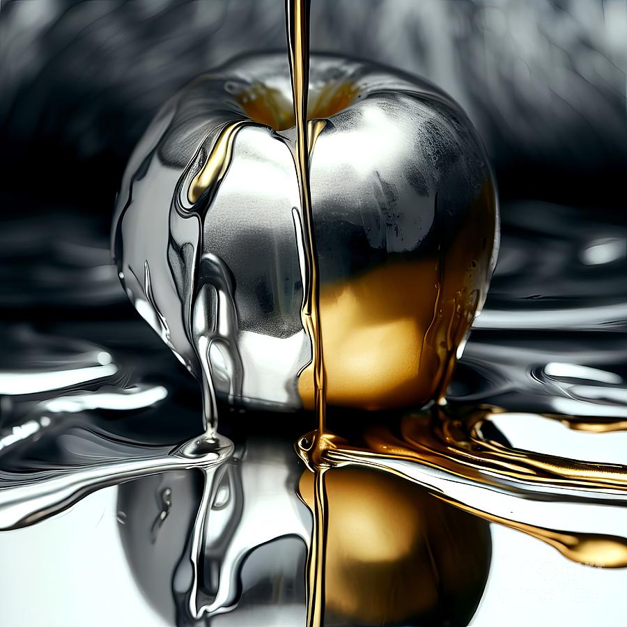 AI Art Silver and Gold Paint Poured over an Apple on a Mirror Digital Art by Rose Santuci-Sofranko