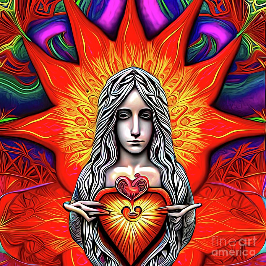 AI Art Sorrowful Virgin Mary on Fire With Love for The Sacred Heart of Jesus in Her Hands Abstract E Digital Art by Rose Santuci-Sofranko