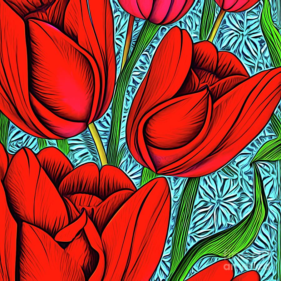 AI Art Spring Red Tulip Flowers Abstract Expressionism Digital Art by Rose Santuci-Sofranko