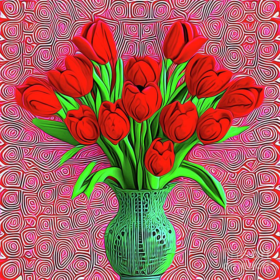 AI Art Still Life Spring Red Tulip Flowers in a Vase Abstract Expressionism Digital Art by Rose Santuci-Sofranko