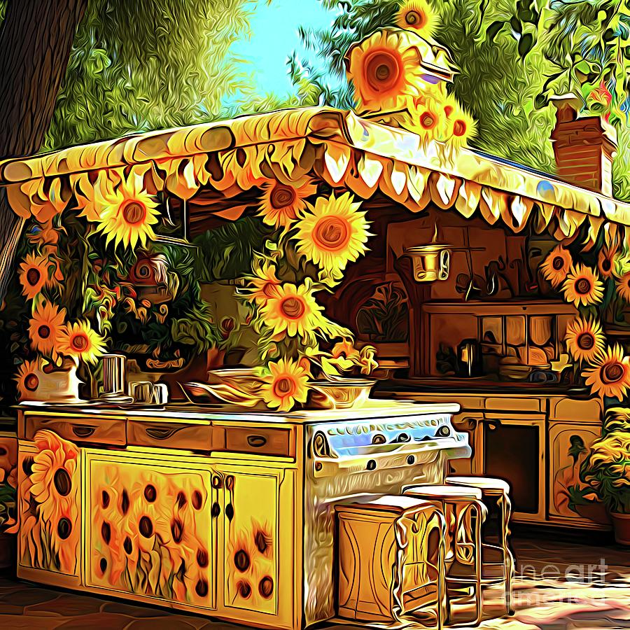 AI Art Sunflower Themed Outdoor Kitchen Abstract Expressionism Digital Art by Rose Santuci-Sofranko