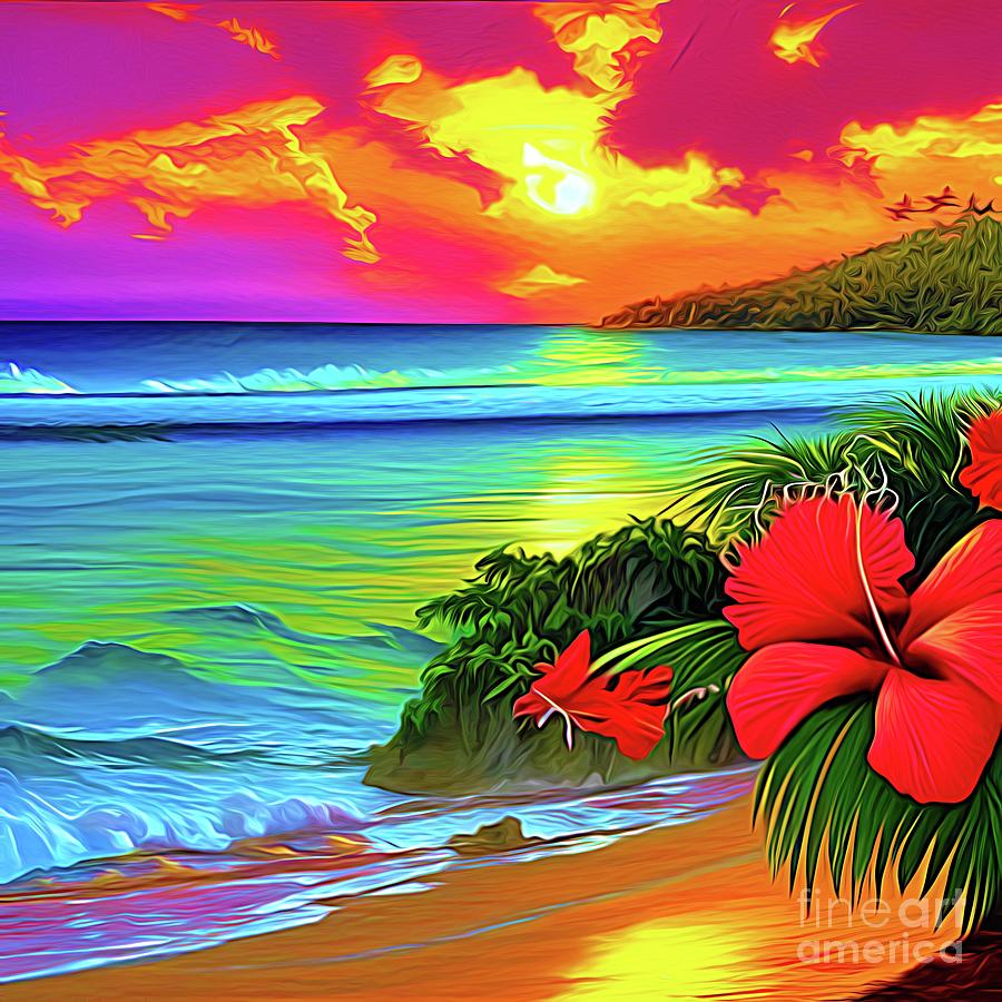AI Art Tropical Hawaiian Beach With Hibiscus at Sunset Abstract Expressionism Digital Art by Rose Santuci-Sofranko