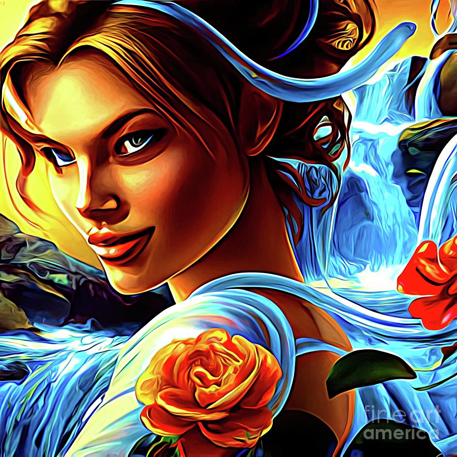 AI Art Waterfall Cascading Around a Beautiful Woman and Roses 2 Abstract Expressionism Effect Digital Art by Rose Santuci-Sofranko