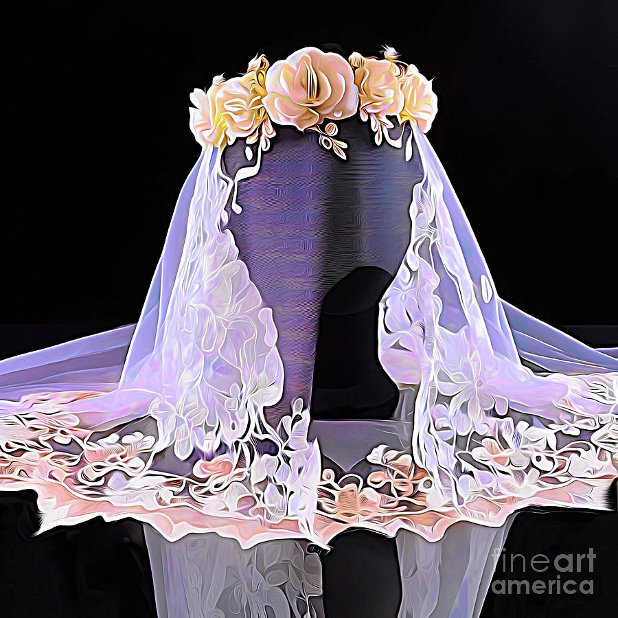 AI Art Wedding Veil with Floral Wreath Crown Abstract Expressionism Digital Art by Rose Santuci-Sofranko