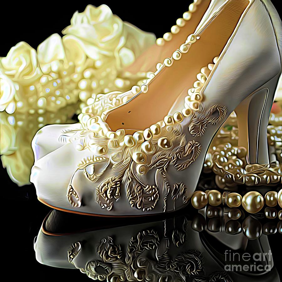 AI Art White Wedding Shoes with Pearls and Roses Abstract Expressionism Digital Art by Rose Santuci-Sofranko