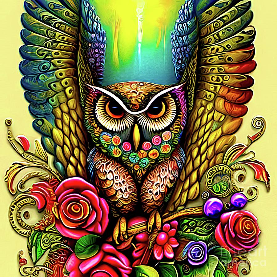 AI Art Zentangle Owl and Flowers Abstract Expressionism  Digital Art by Rose Santuci-Sofranko