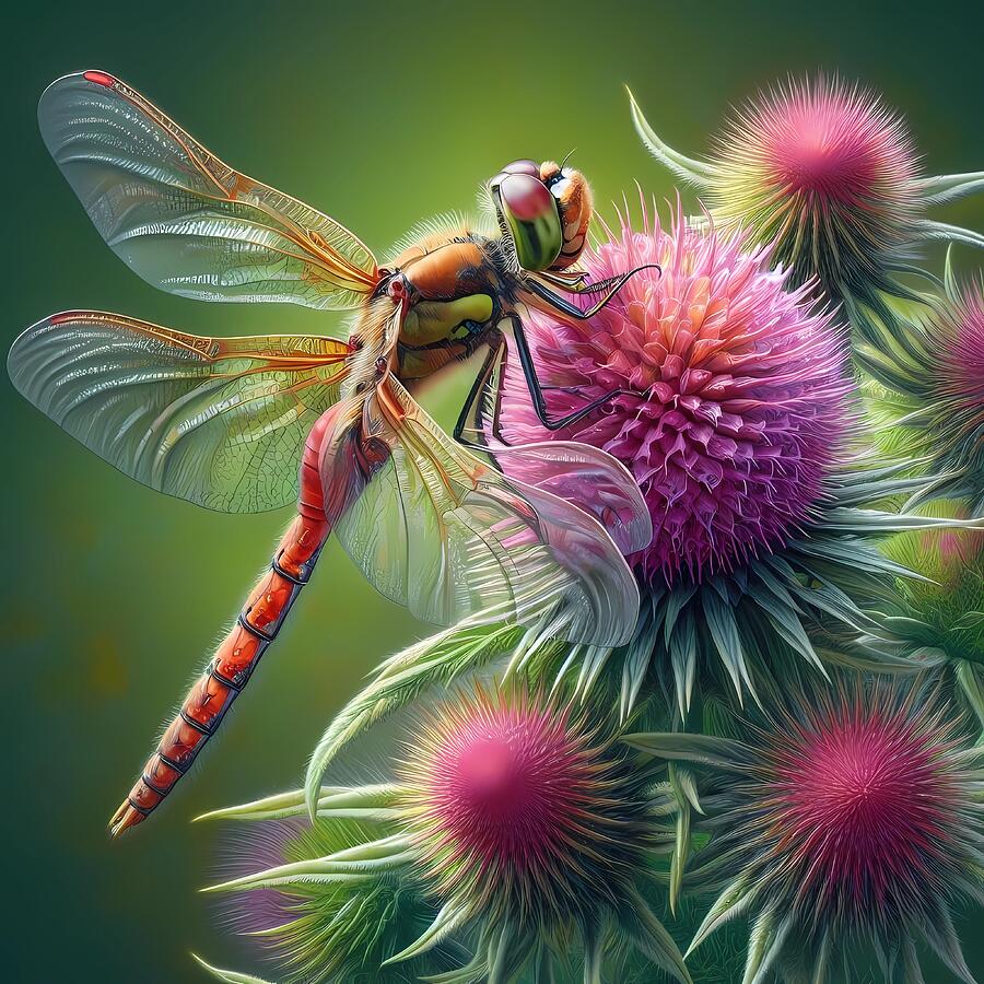 Nature Digital Art - AI - Gorgeous Dragonfly on Thistle by Karen A Wise
