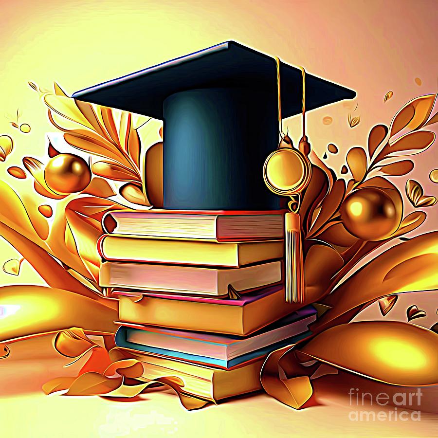 AI Graduation Art Books and Mortar Board and Gold Decor Abstract Expressionism Digital Art by Rose Santuci-Sofranko