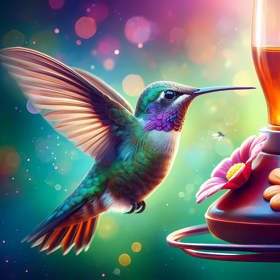 Hummingbird Digital Art - AI - Hummingbird Hovering by Feeder by Karen A Wise