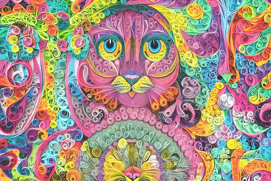 AI - Quilling Multicolor Cat Digital Art by Peggi Wolfe