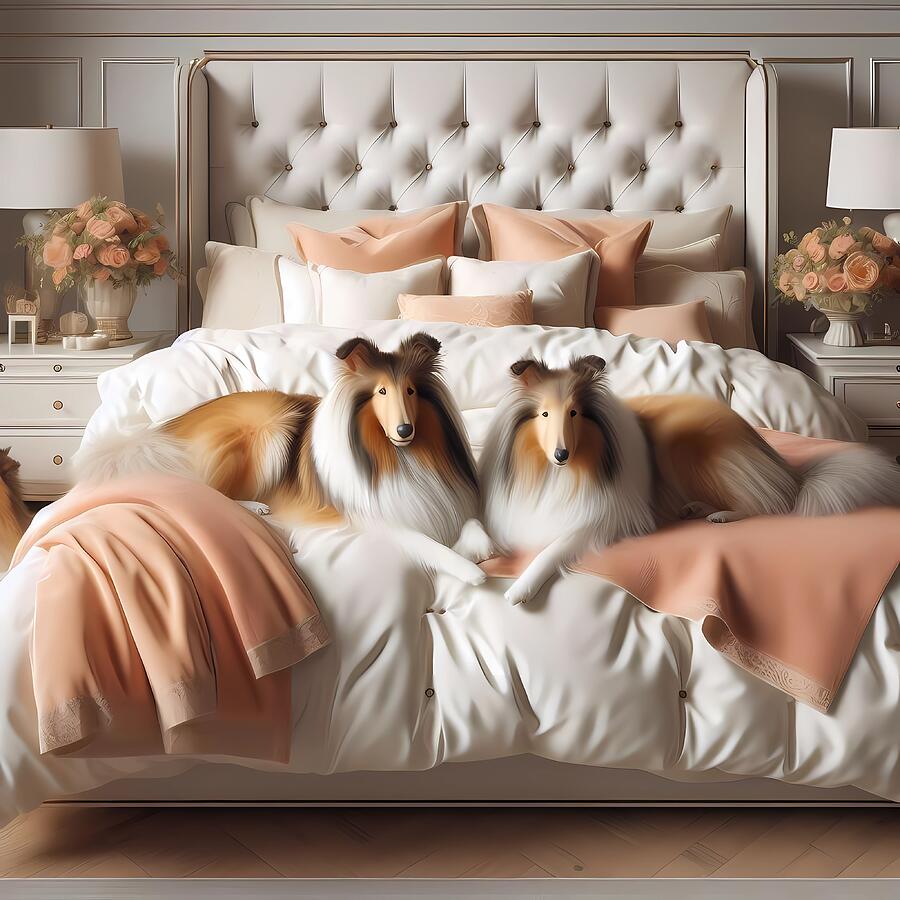 Flower Digital Art - AI - Two Collies Relaxing on the Bed by Karen A Wise