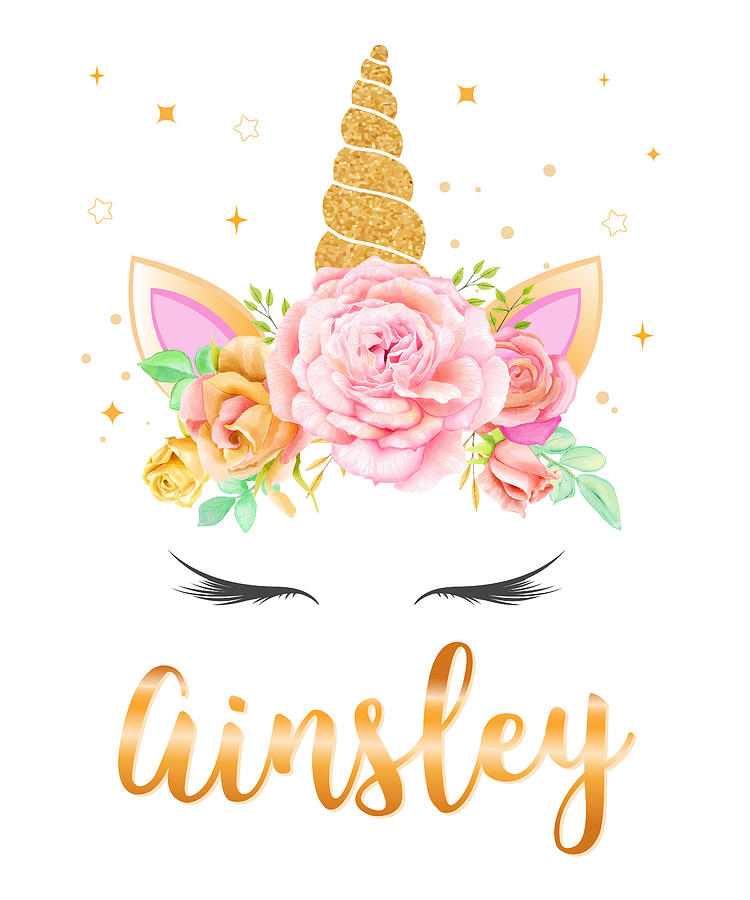 Ainsley Name Unicorn Horn with flower wreath and Gold Glitter, Unicorn