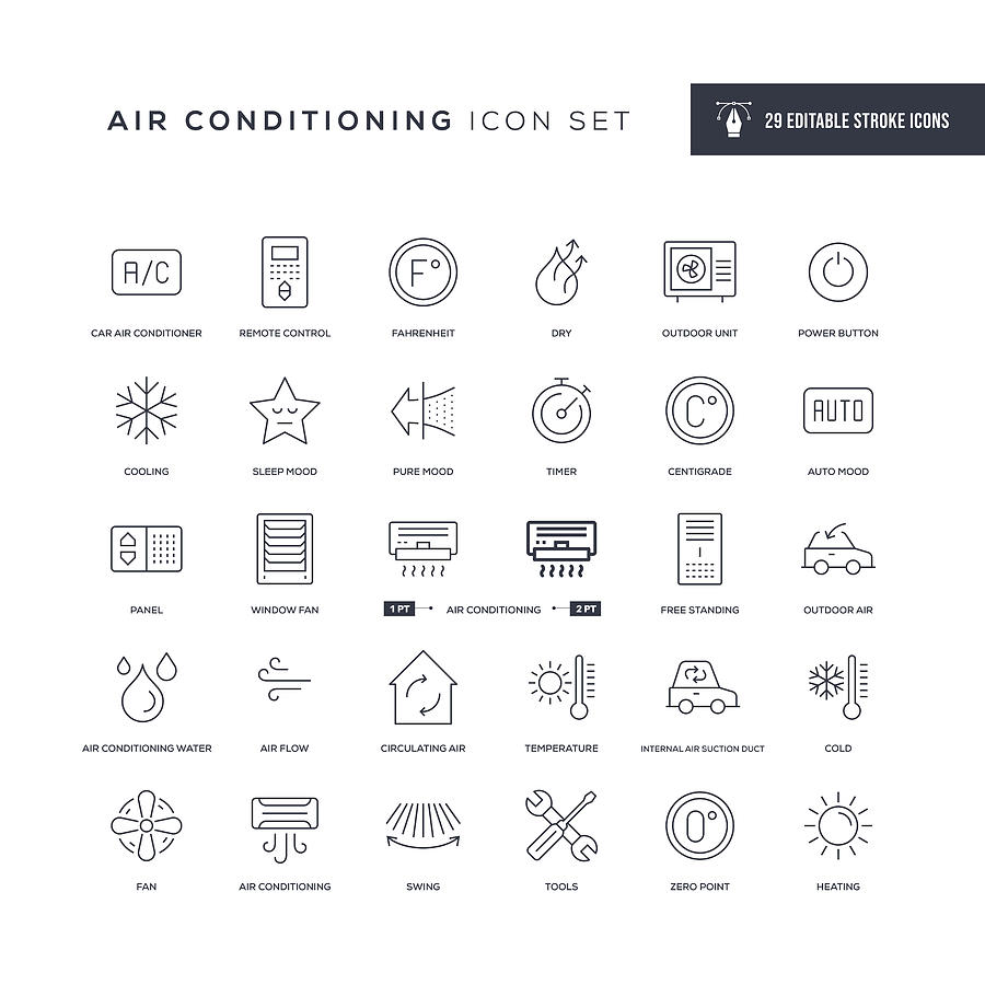 Air Conditioning Editable Stroke Line Icons Drawing by Enis Aksoy