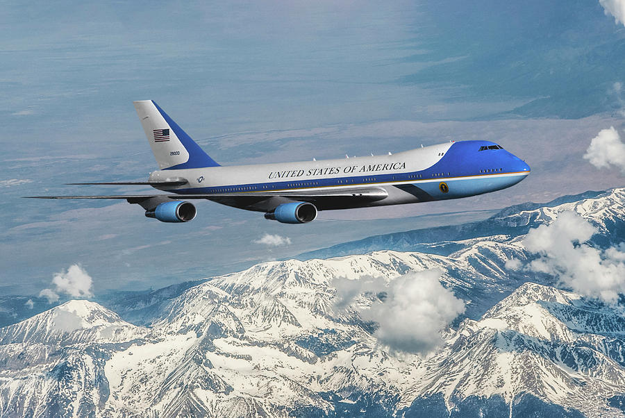 Air Force One over Snowcapped Mountains Mixed Media by Erik Simonsen