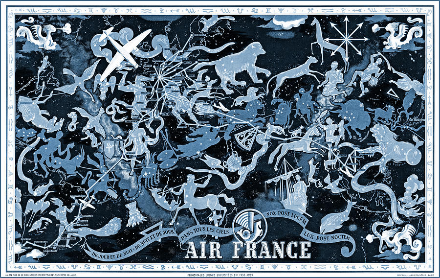 Air France Vintage Celestial World Route Map 1939 Blue Photograph By