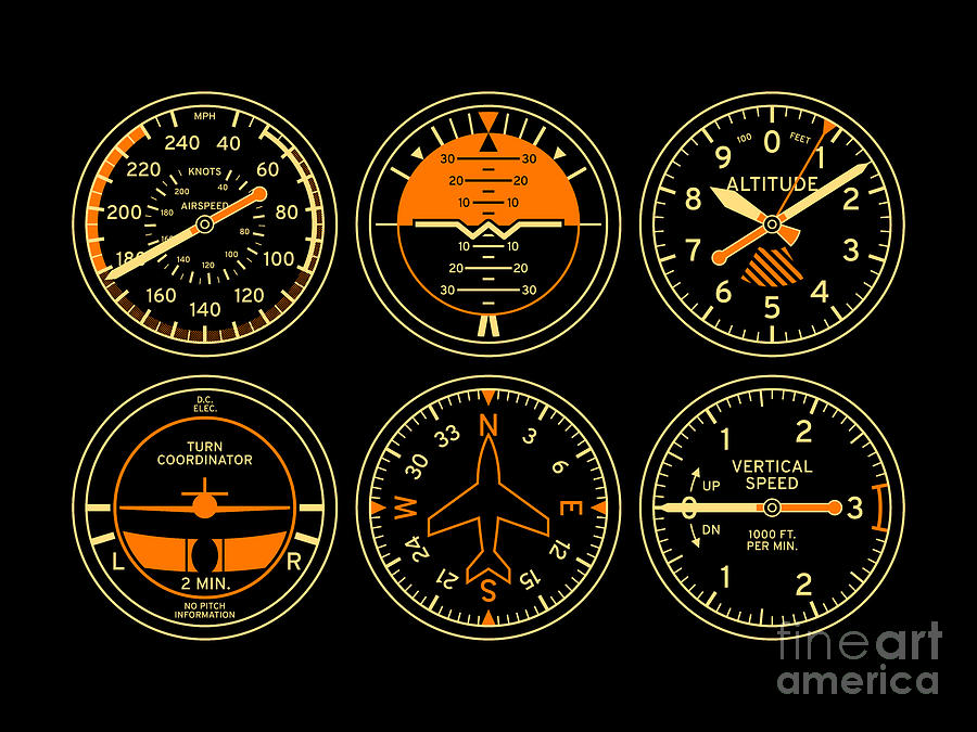 Airplane Digital Art - Aircraft Flight Instruments - 6 Pack Black by Organic Synthesis