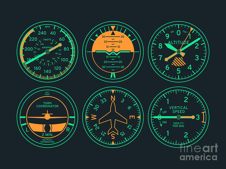 Airplane Digital Art - Aircraft Flight Instruments - 6 Pack Night by Organic Synthesis