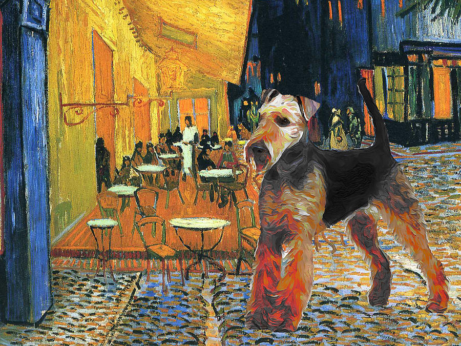 Airedale Terrier Art Van Gogh Cafe Terrace at night Painting by Sandra Sij