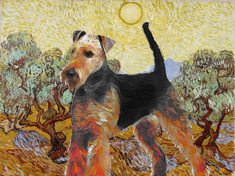 Airedale Terrier Art Van Gogh Olive Trees Painting by Sandra Sij