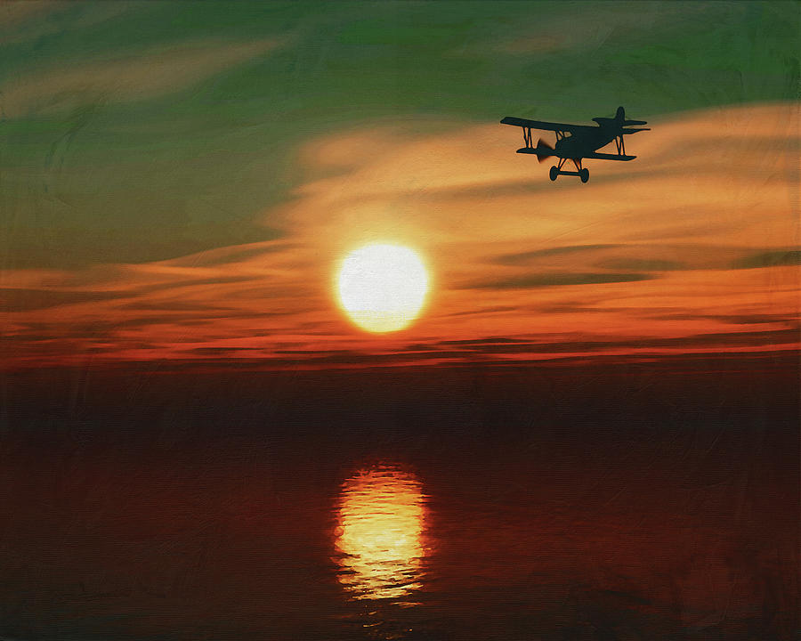 Airplane at sunset over sea Painting by Jan Keteleer